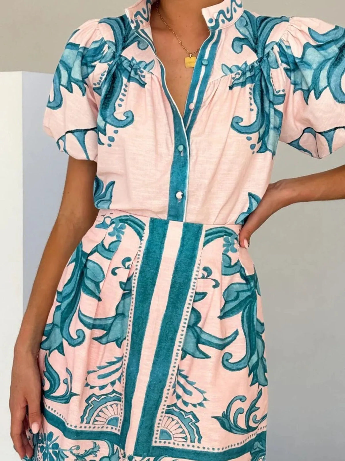 Printed Puff Sleeve Top and Skirt Set, view 5