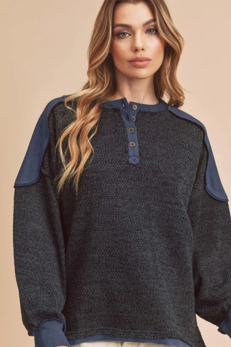 Dark navy side slit contrast shoulder sweatshirt front view on model