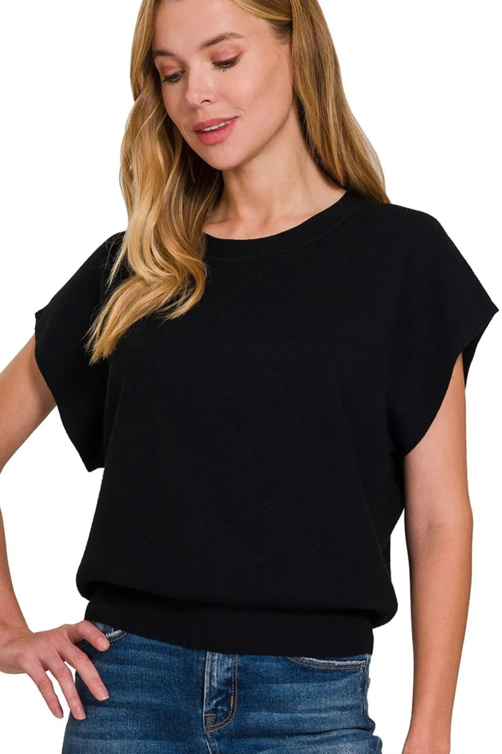 Ribbed Round Neck Short Dolman Sleeve Sweater