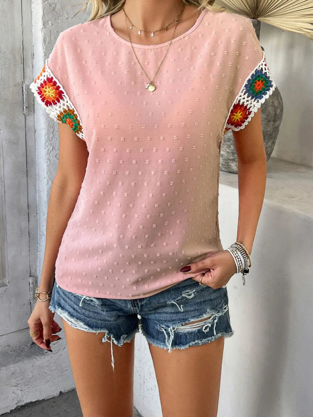 Devine Swiss Dot Crochet Short Sleeve Top, view 7