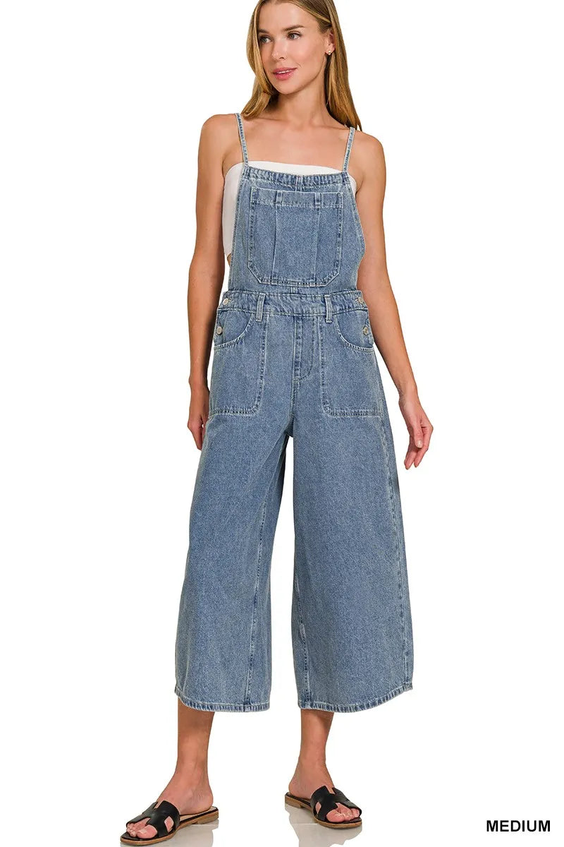 Zenana Denim Medium Washed Wide Leg Overalls - Fashorio