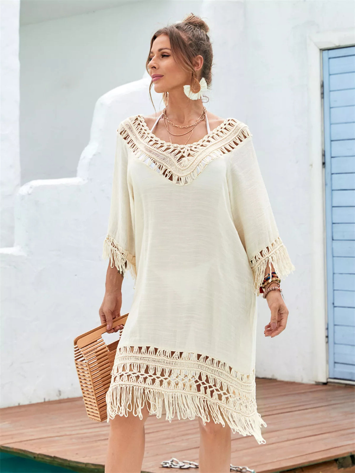 Fringe crochet V neck cover up dress in apricot close up detail