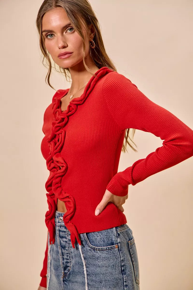 Cascade Ruffle Ribbed Knit Sweater Cardigan, view 15