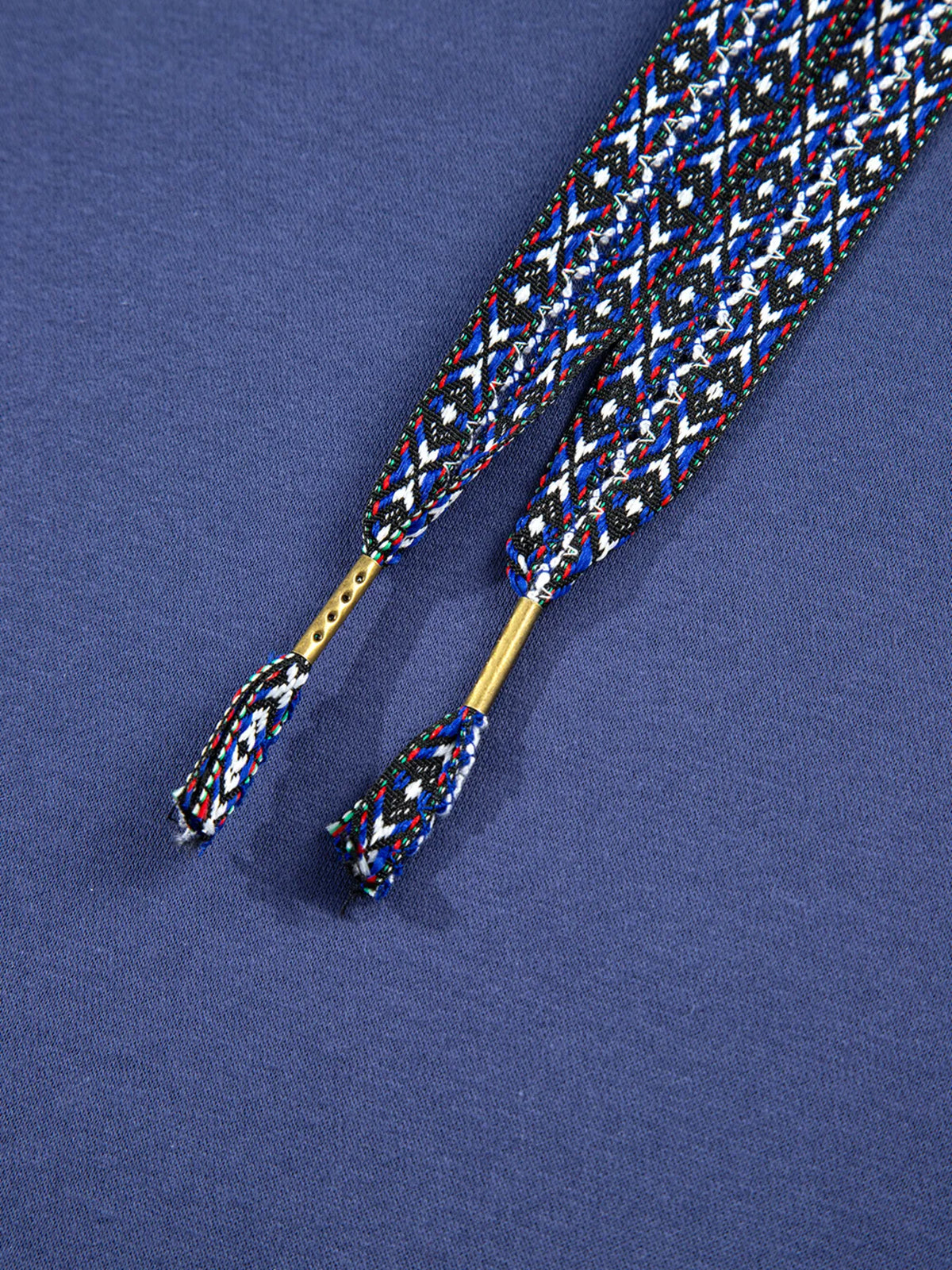 Drawstring detail on navy hoodie