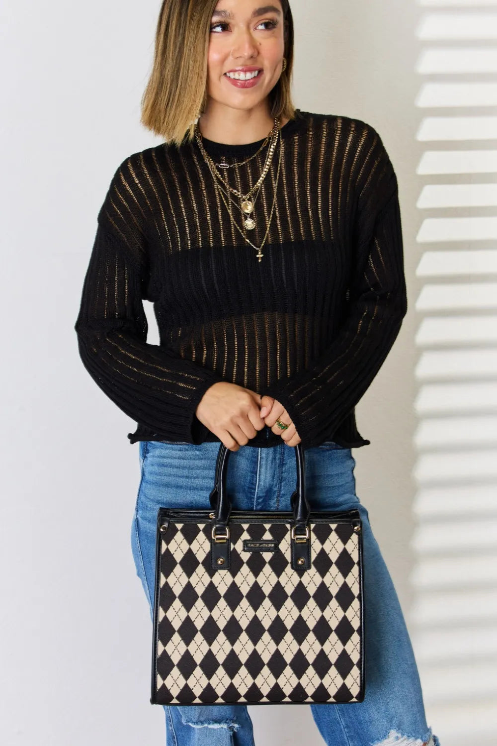 David Jones Argyle Pattern PU Leather Handbag - Fashorio