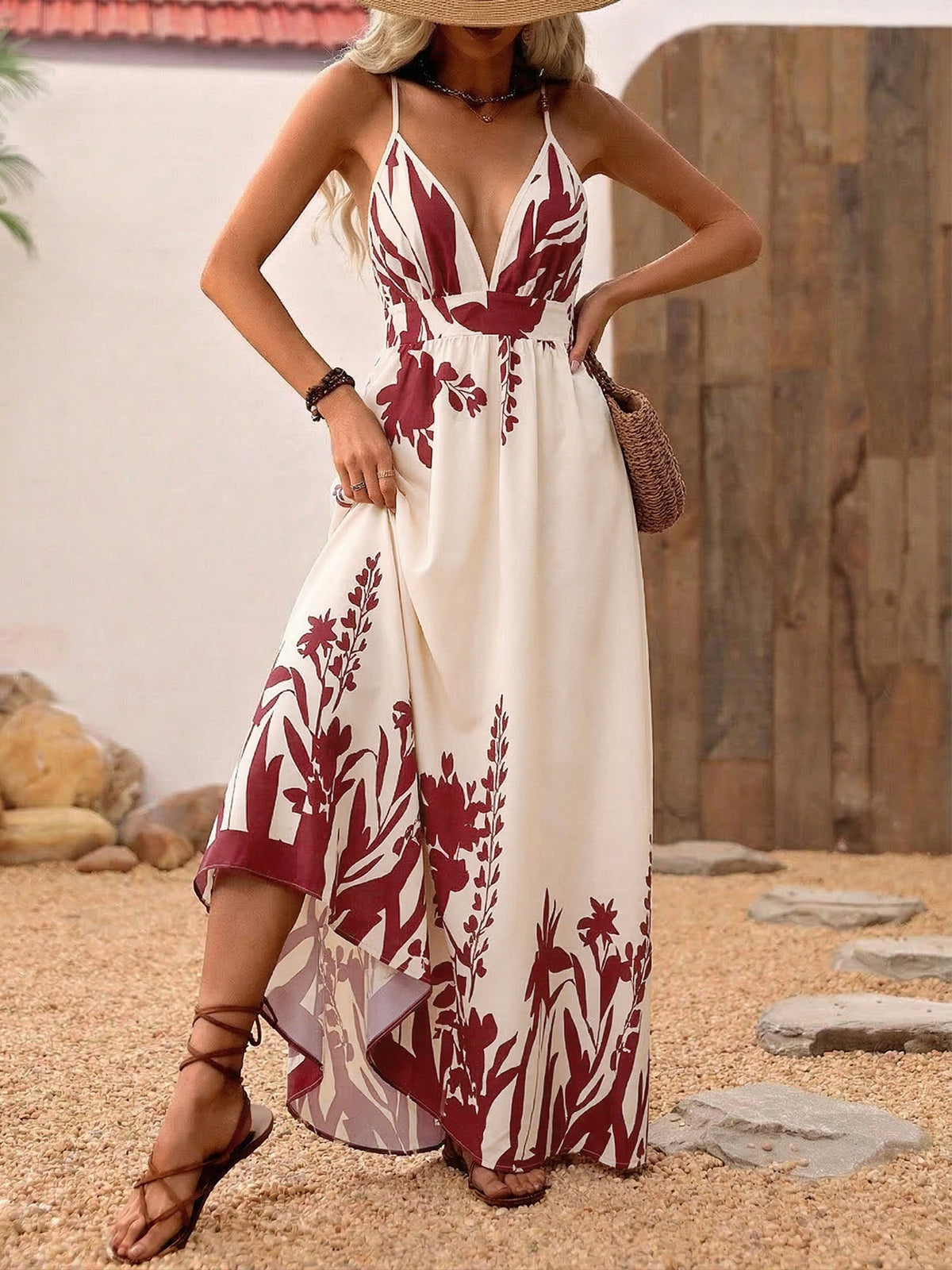 red deep v neck spaghetti strap maxi dress full length view