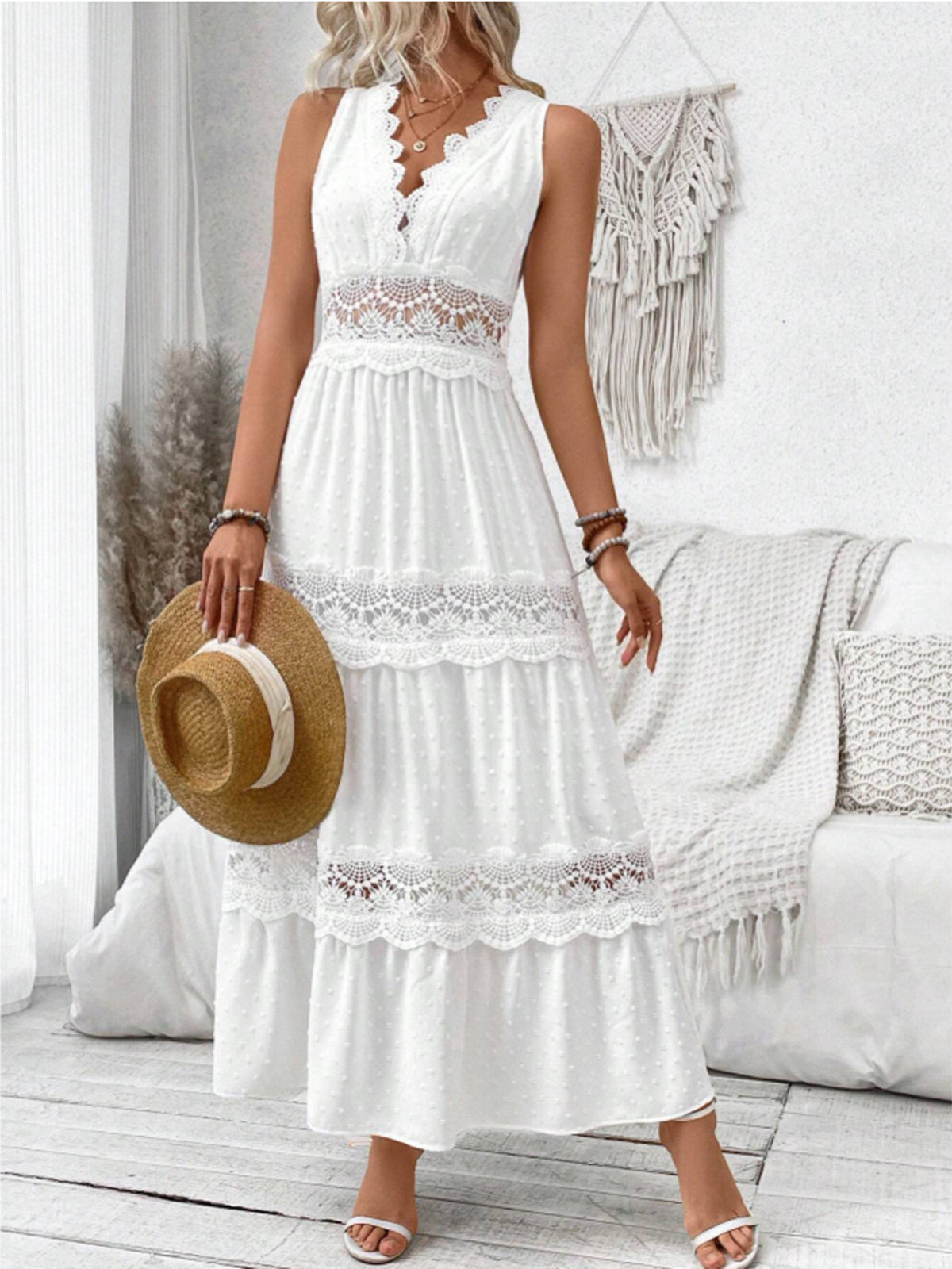 white swiss dot lace sleeveless tied maxi dress front view