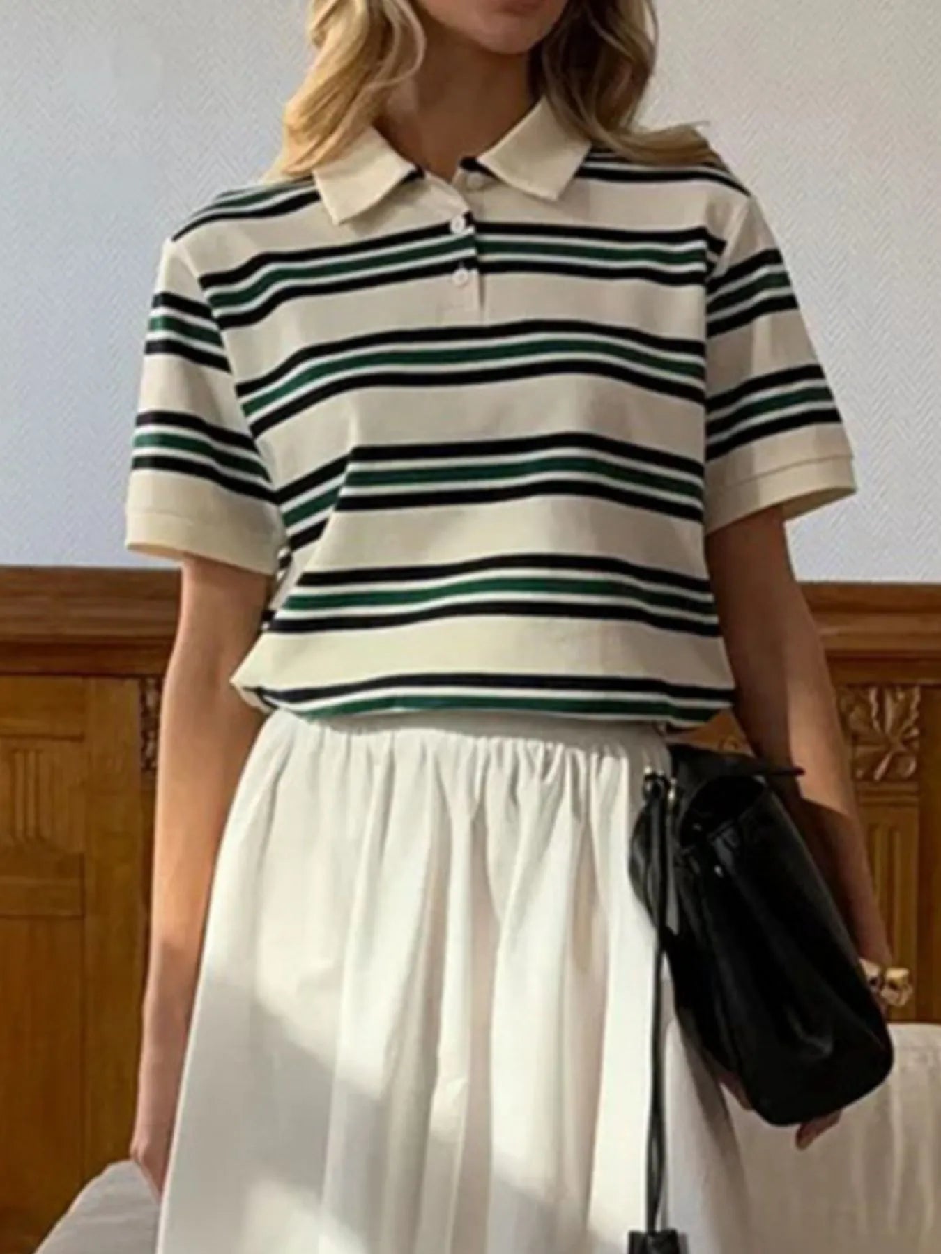 Striped Polo T-Shirt with Contrast Collar - Fashorio