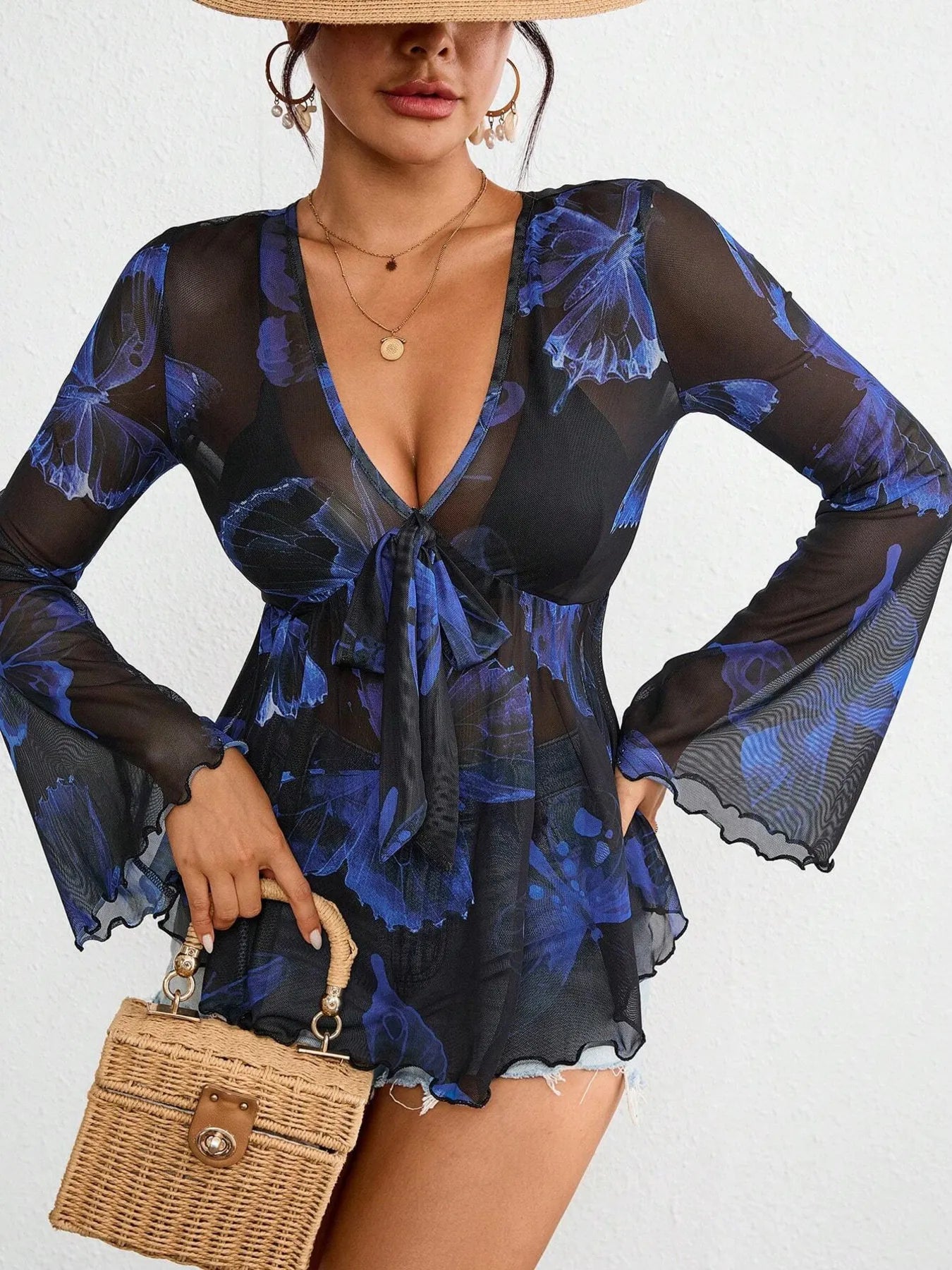 Tie-Front Flare Sleeve Blouse - Fashorio