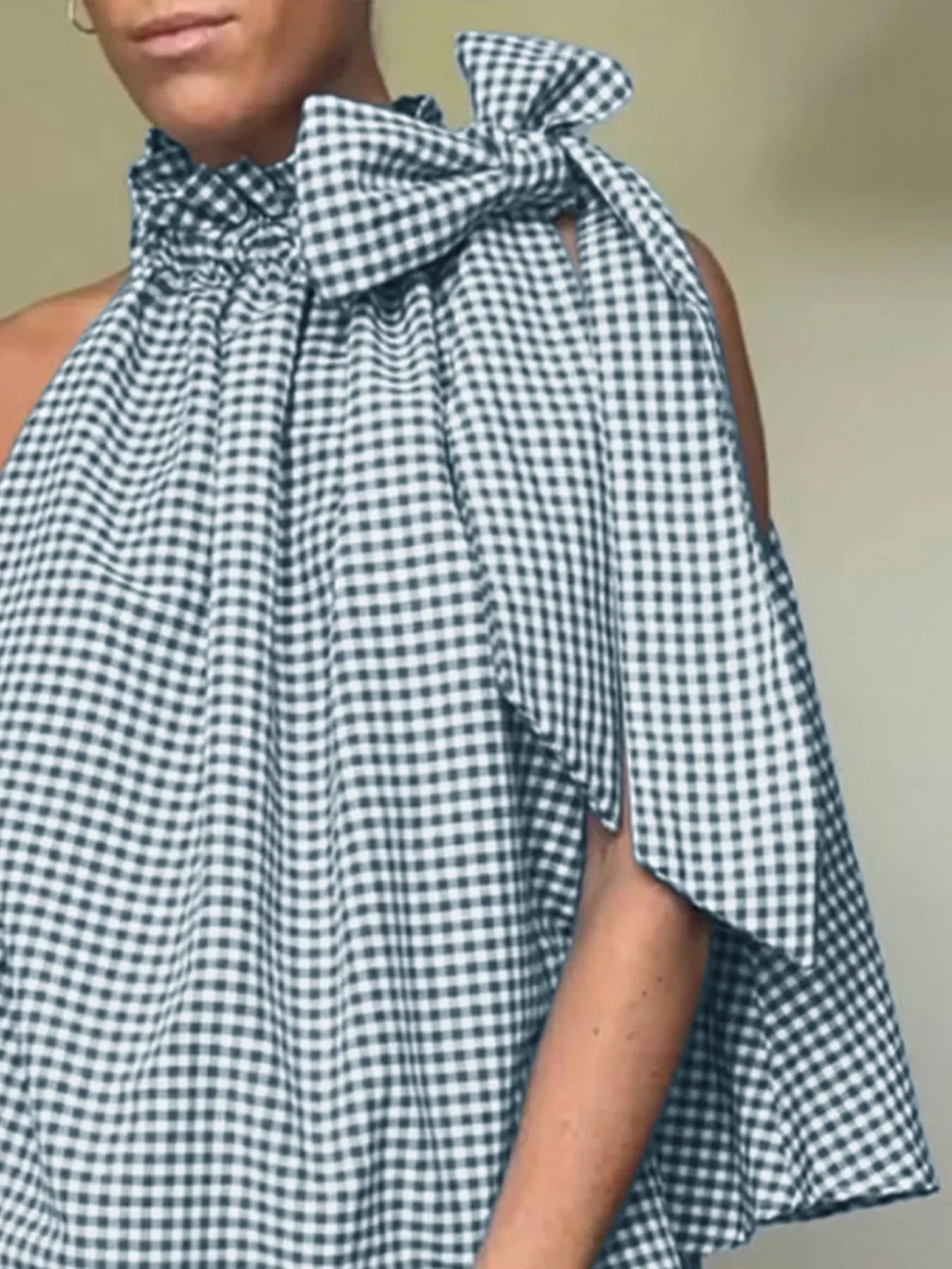 Asymmetric Gingham Bow Tie Sleeveless Top - Fashorio