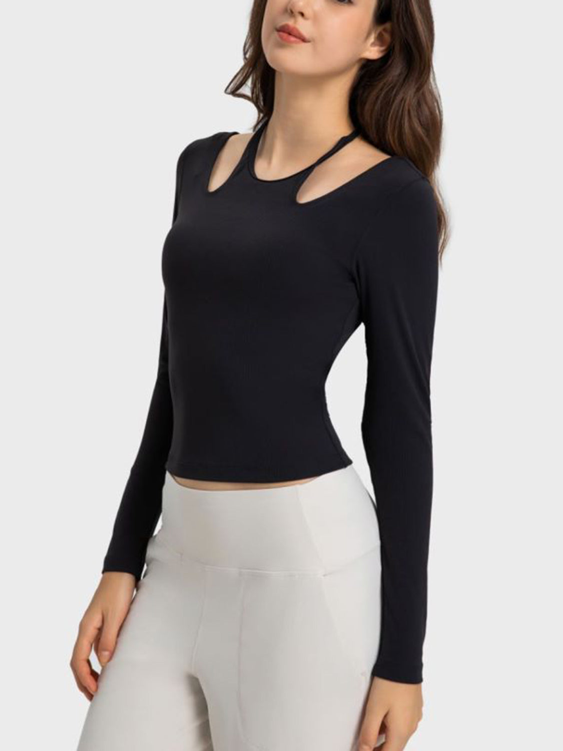 halter neck long sleeve active top neckline detail
