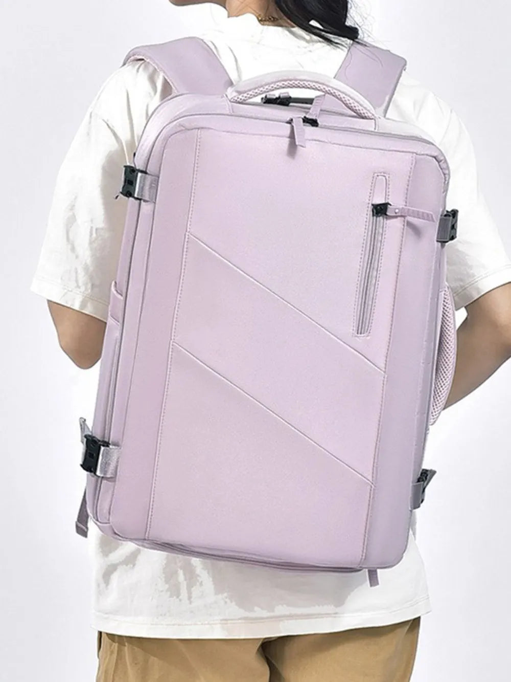Oxford cloth adjustable strap backpack angled three quarter view