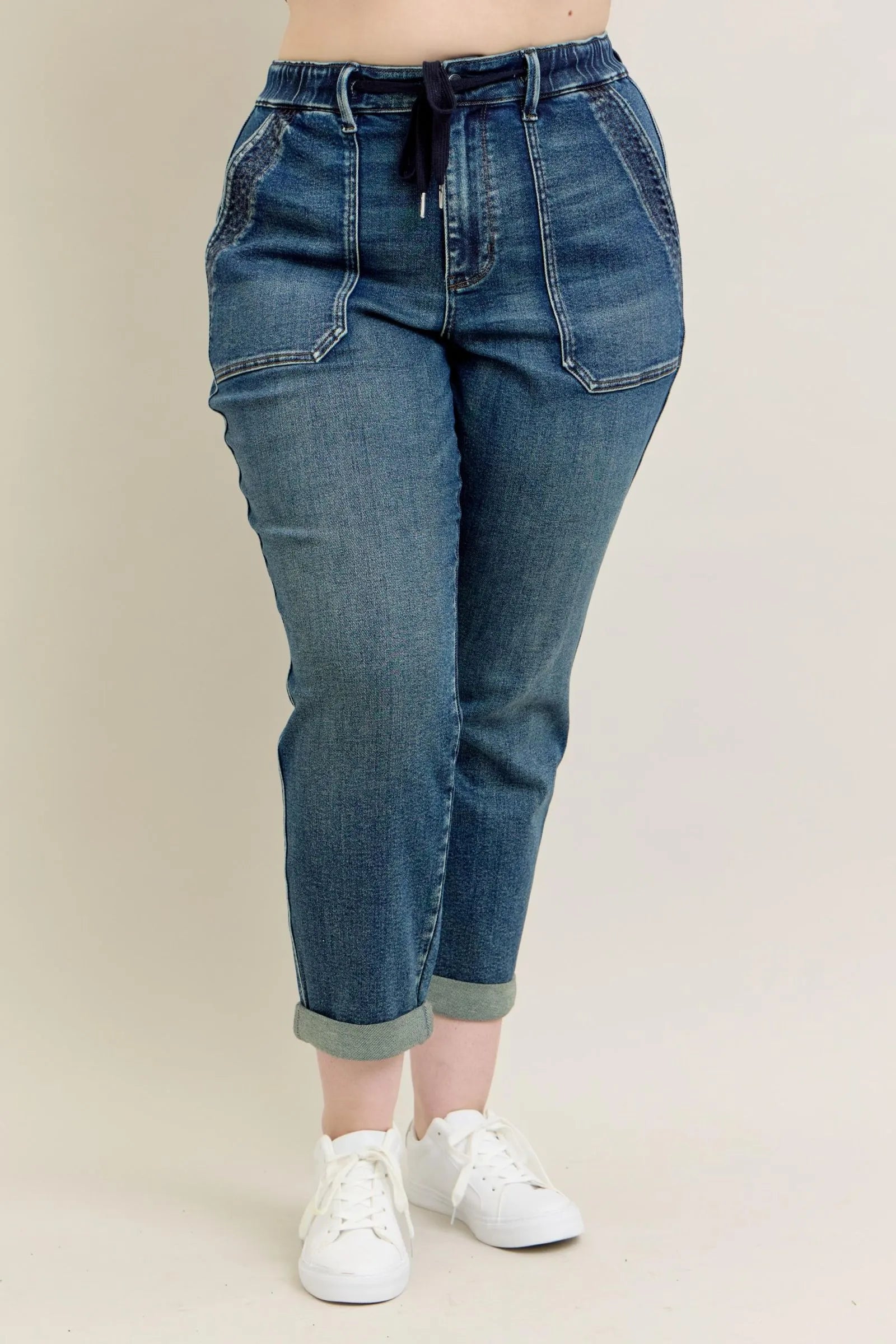 Judy Blue Full Size HW Vintage Wash Jeans w/ Drawstring Plus Size - Fashorio