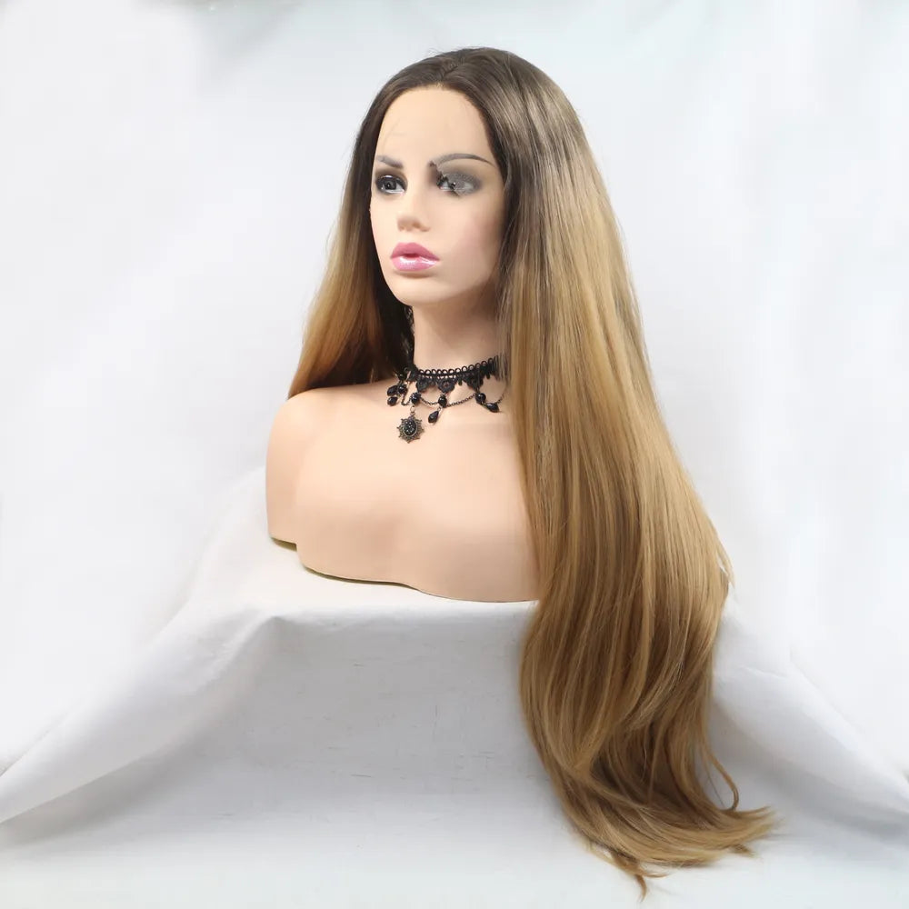 Back view of long straight synthetic wig