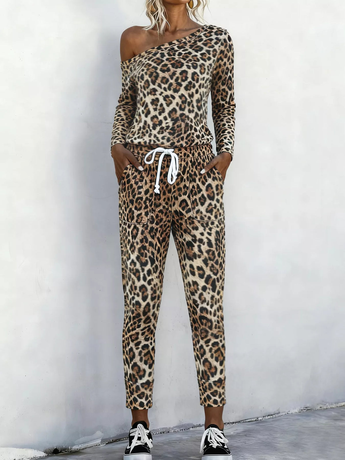 Leopard print two piece one shoulder set styled