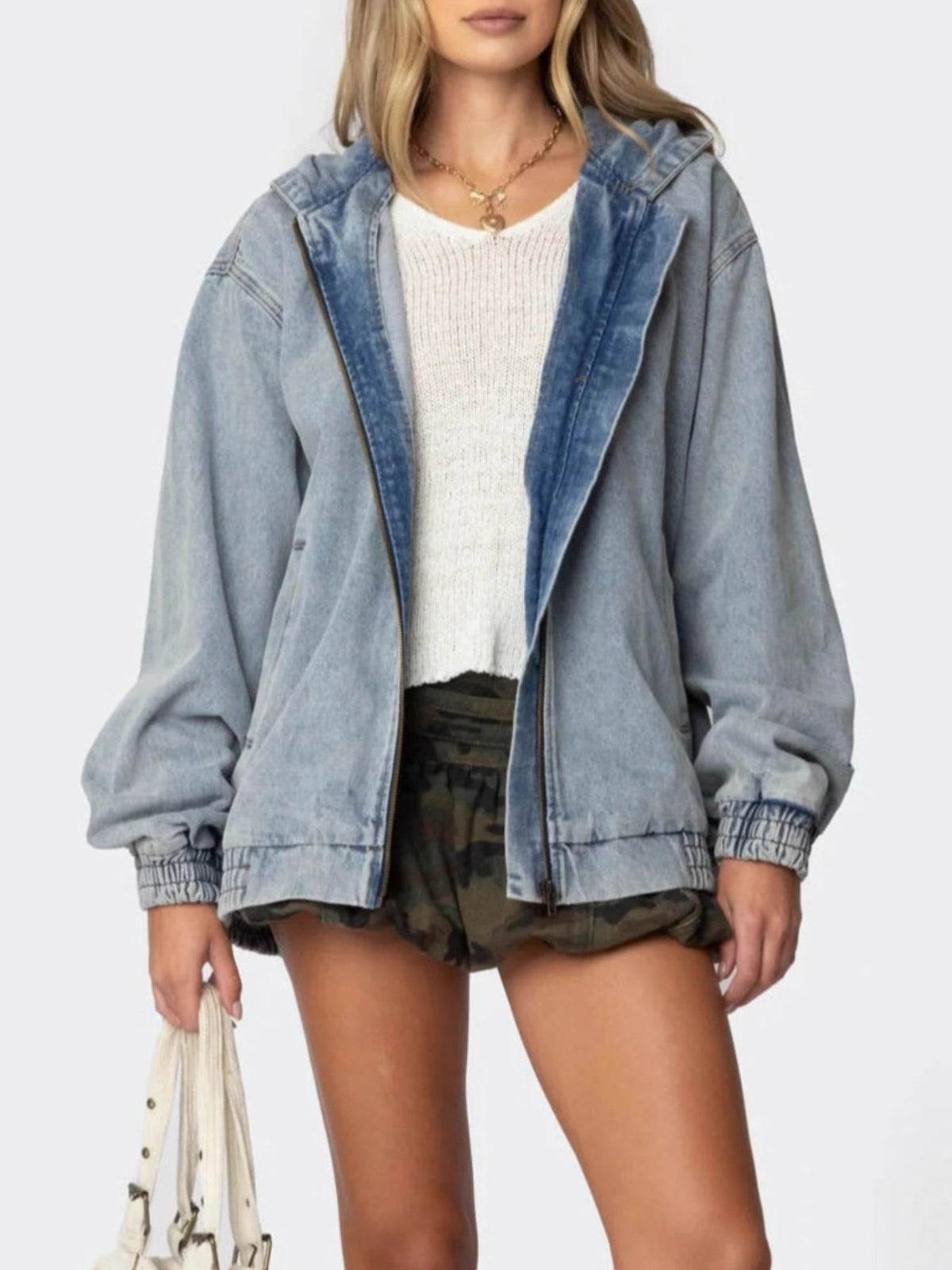 Hooded Oversized Zip Up Denim Jacket in Light Blue detail