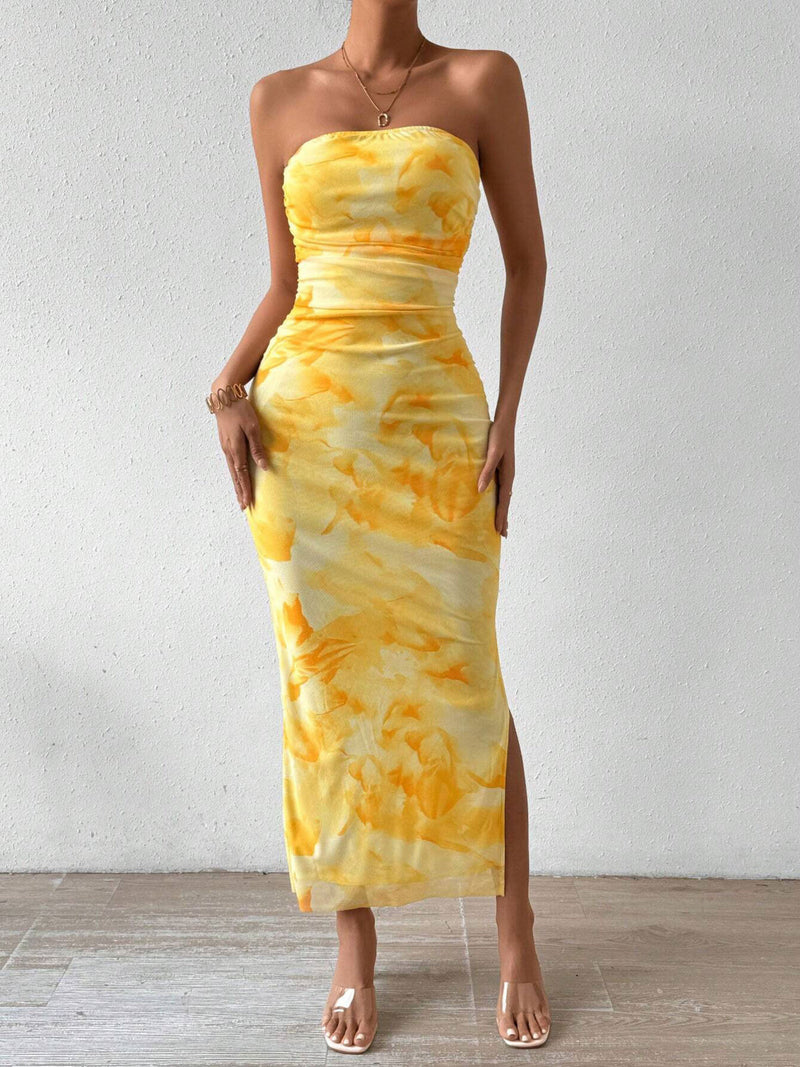 ruched strapless bodycon midi dress front view