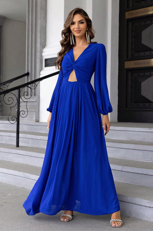 Twist Front Cutout Long Sleeve Dress Royal Blue - Fashorio