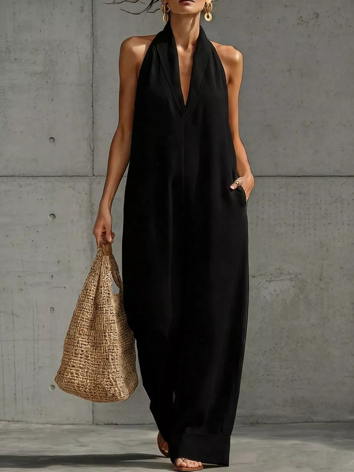 Halter neck jumpsuit with a deep V front photographed full length