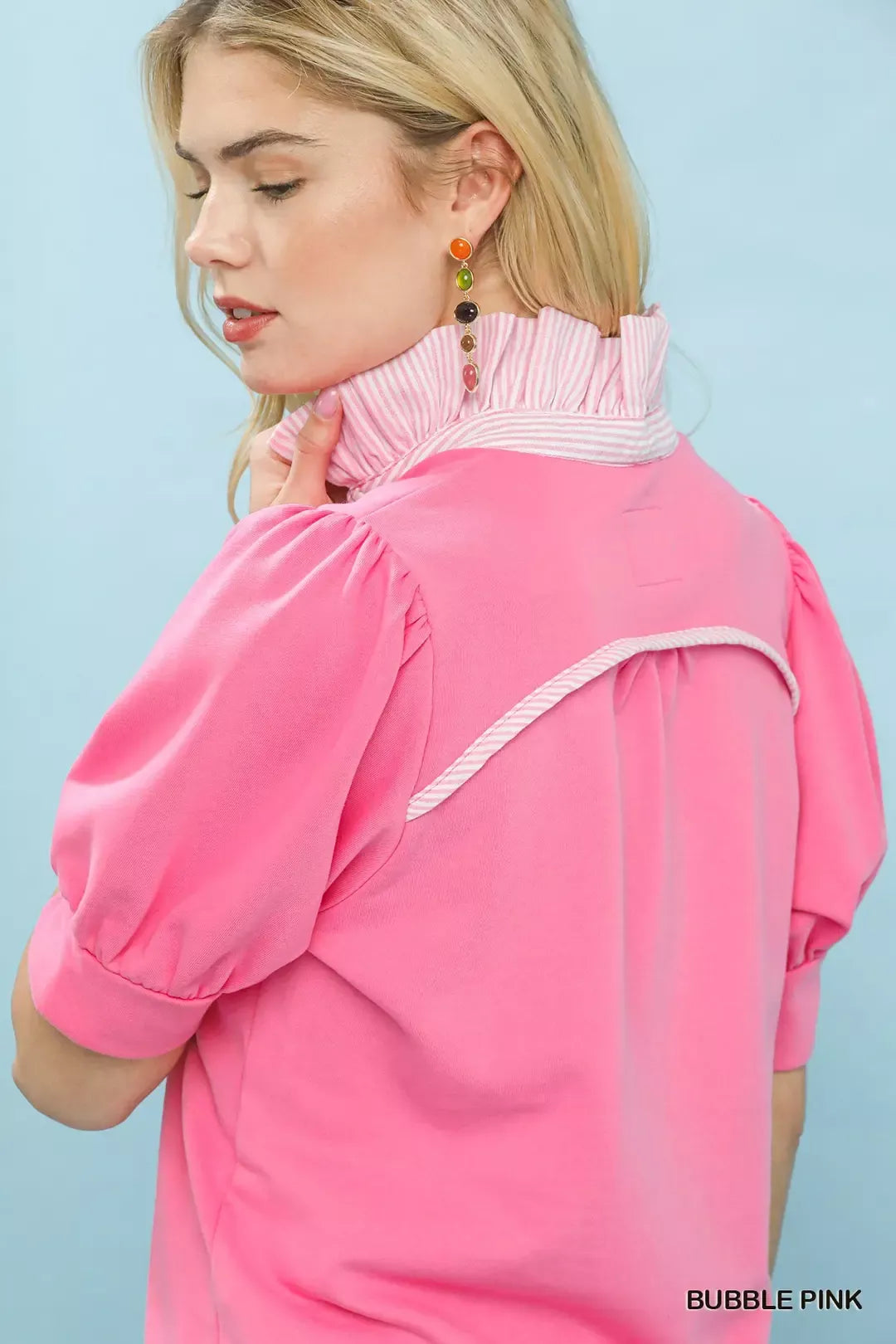 Umgee bubble pink striped collar popover top, back view