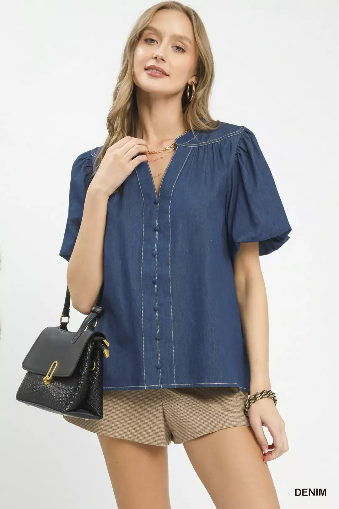 Umgee denim button front boho blouse front view
