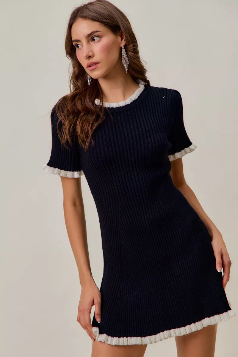 Ruffled Contrast Sweater Knit Mini Dress in Black and White