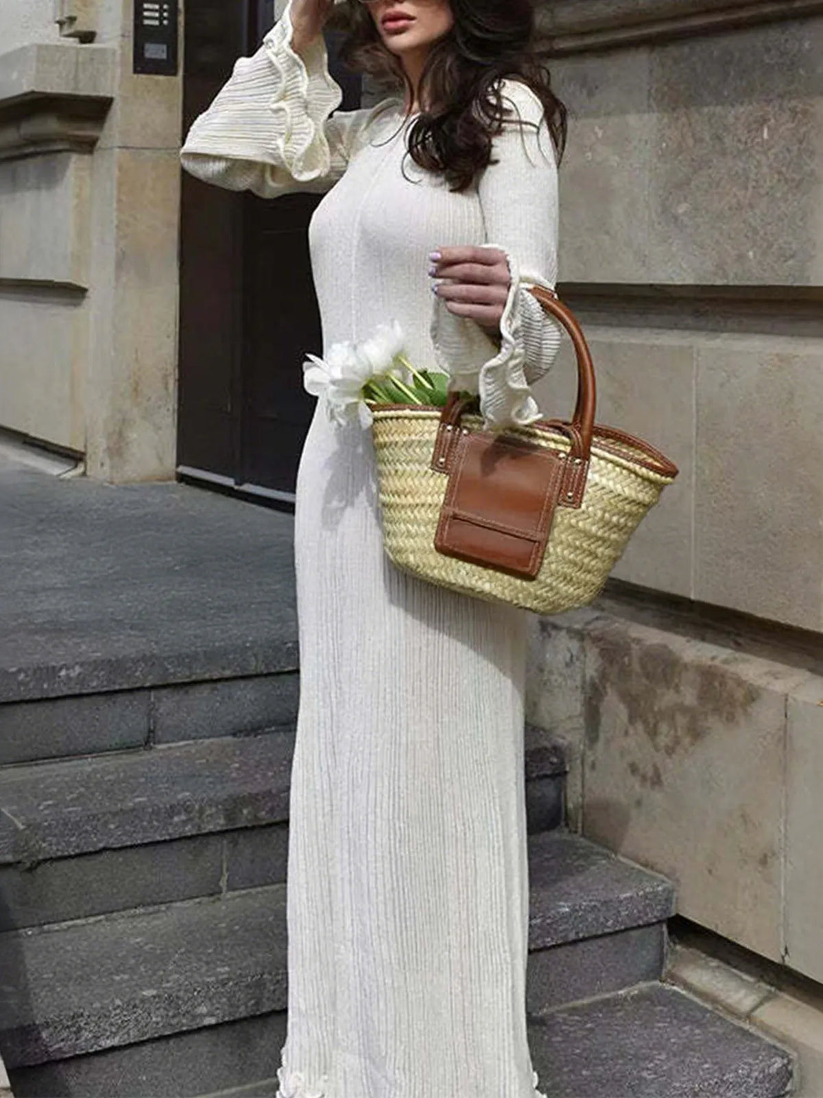 Ribbed long sleeve ruffle hem dress in white styled view