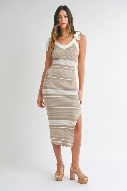 MABLE Striped Rib Knit Midi Dress LT TAUPE - Fashorio