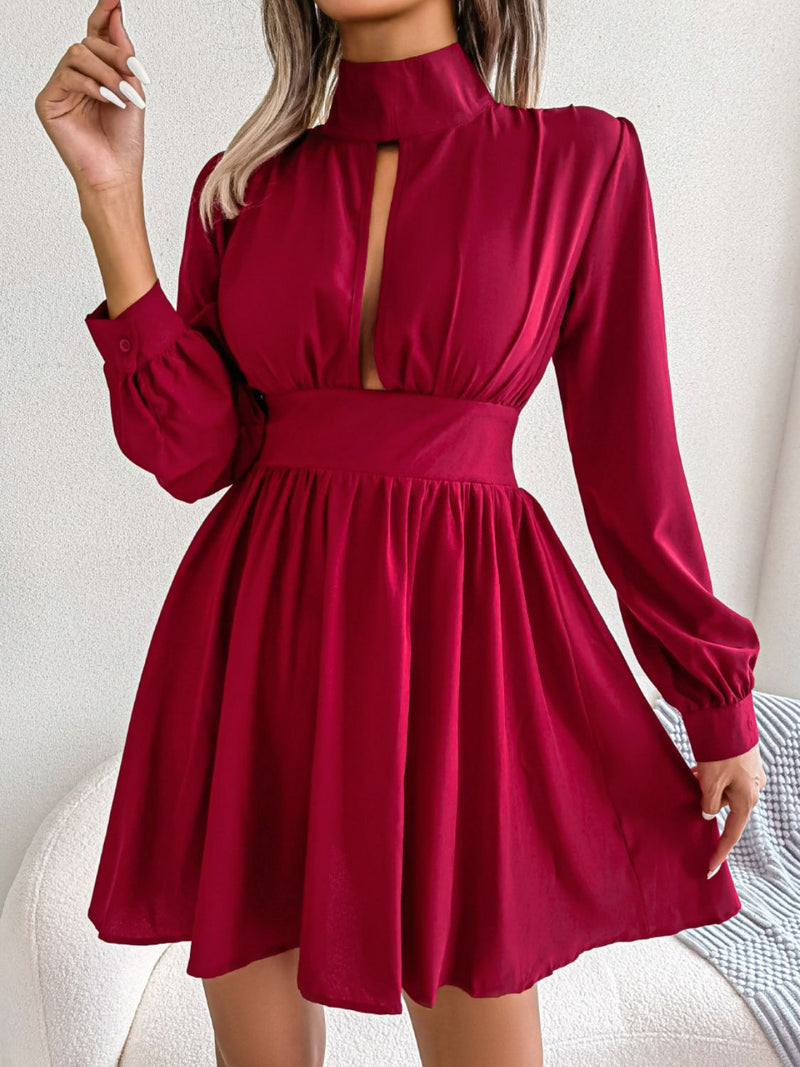 Cutout keyhole long sleeve A line mini dress front view