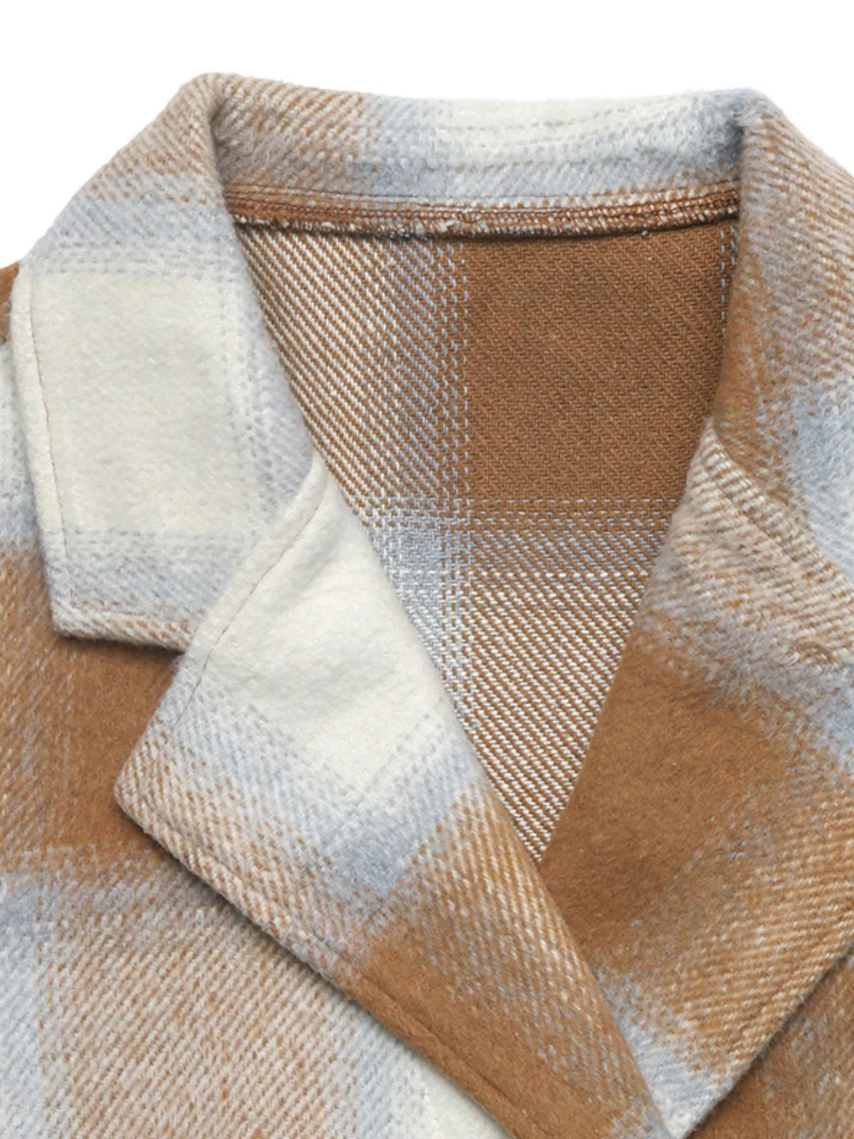 Plaid Longline Jacket in Camel close up