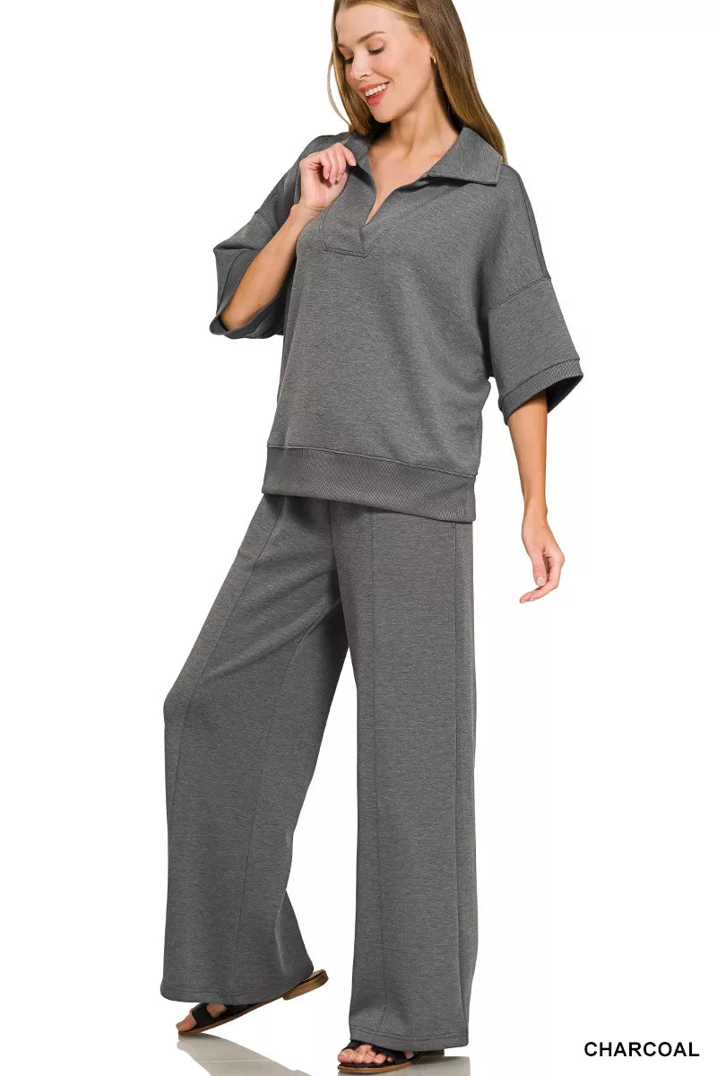 Scuba collared short sleeve top and pants set front