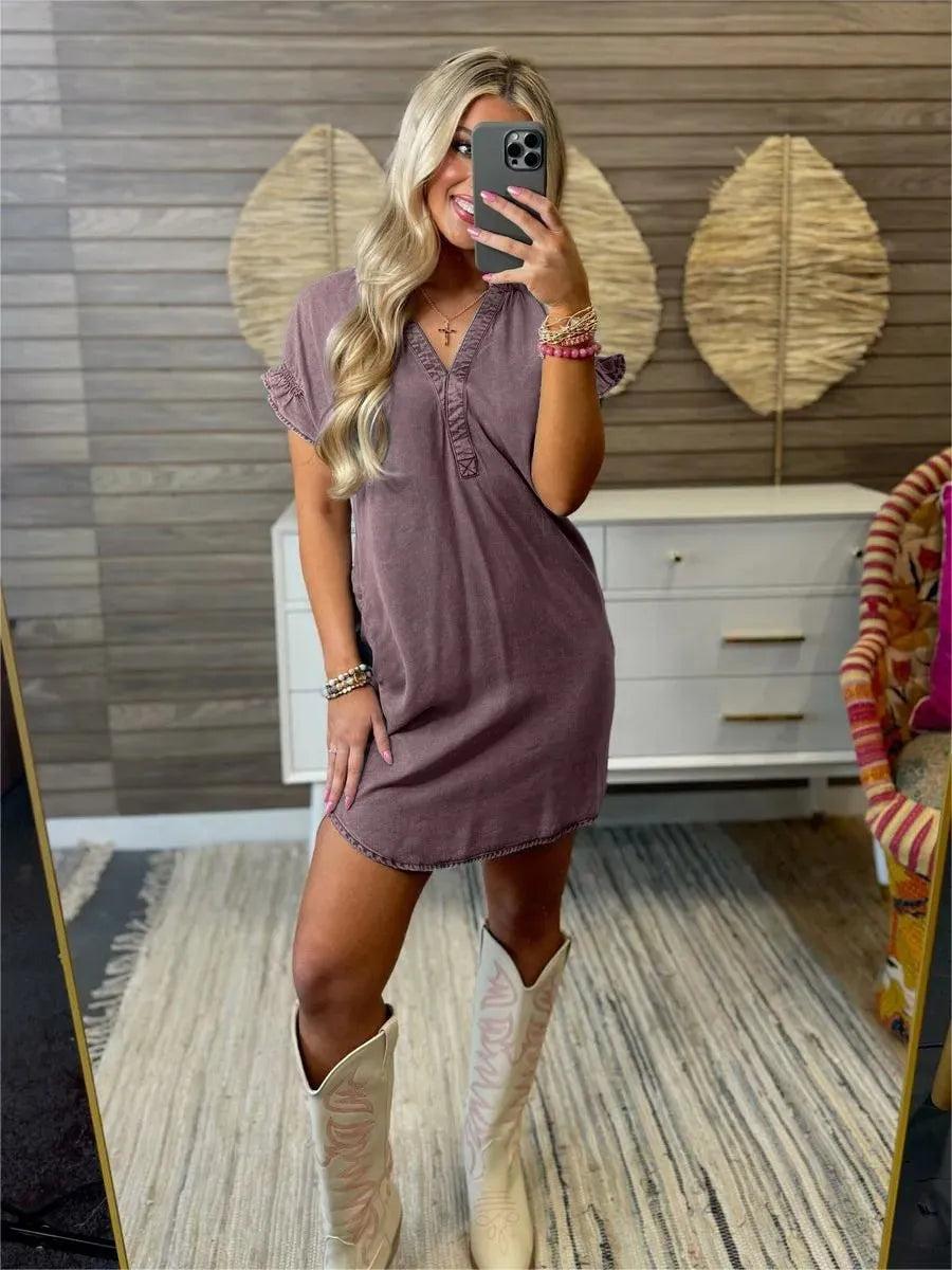 Full Size V-Neck Short Sleeve Denim Dress Plus Size Gray Purple - Fashorio