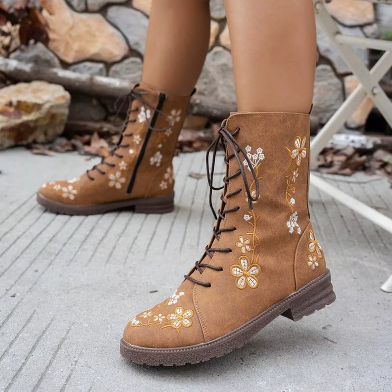 Round toe block heel ankle boots front view
