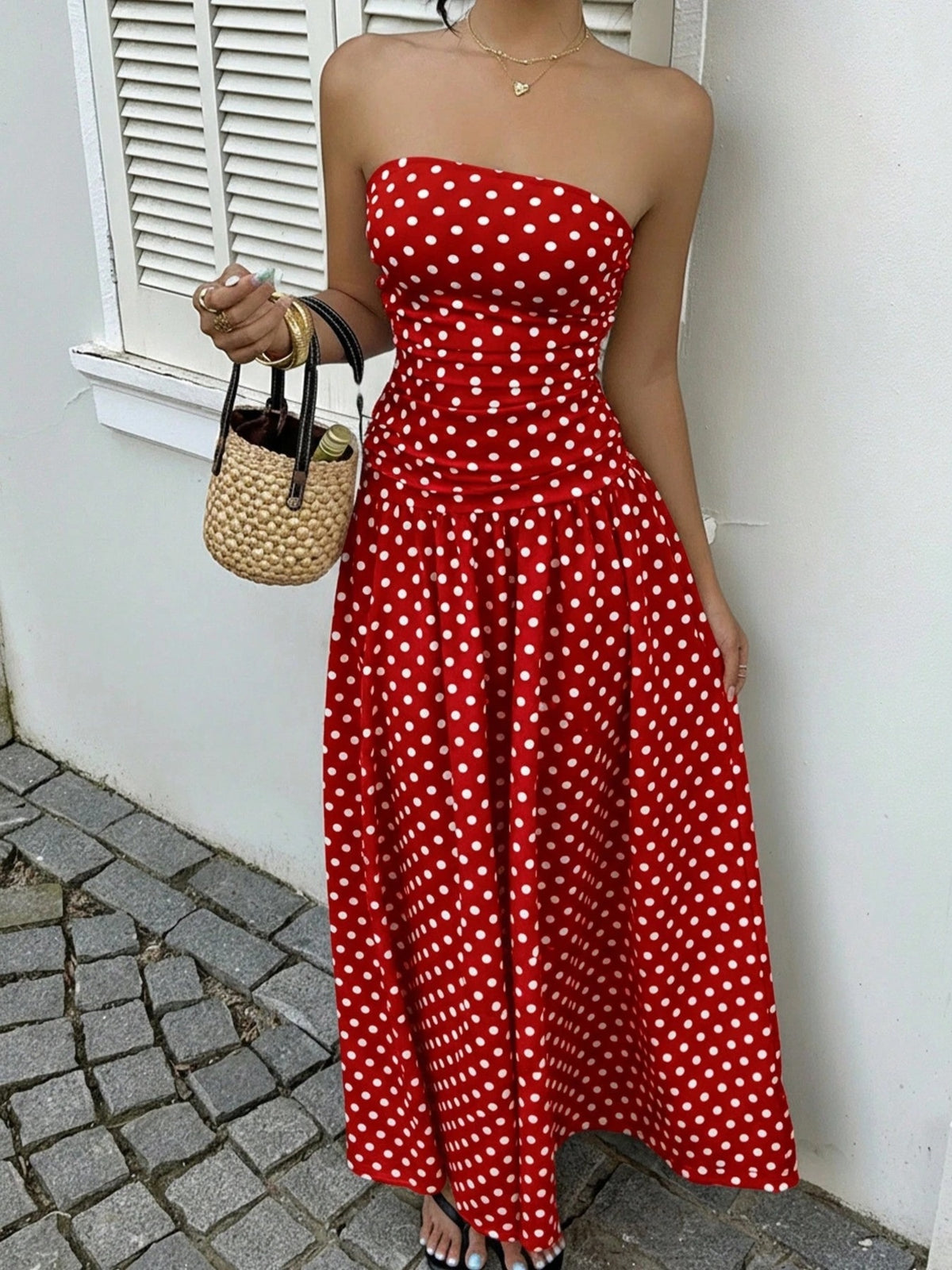 Polka dot strapless maxi dress front view