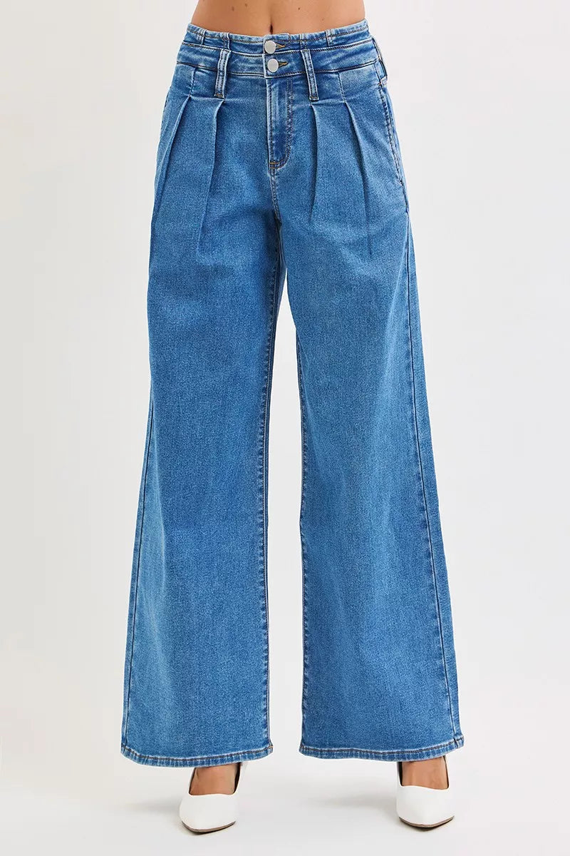 Back view of RISEN pleated wide leg jeans