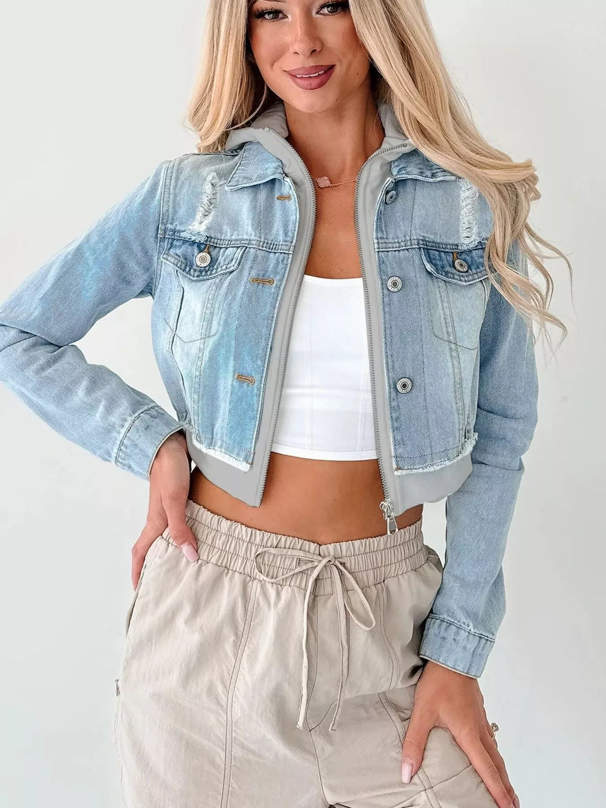 Distressed Cropped Hooded Denim Jacket in Light Blue view 8