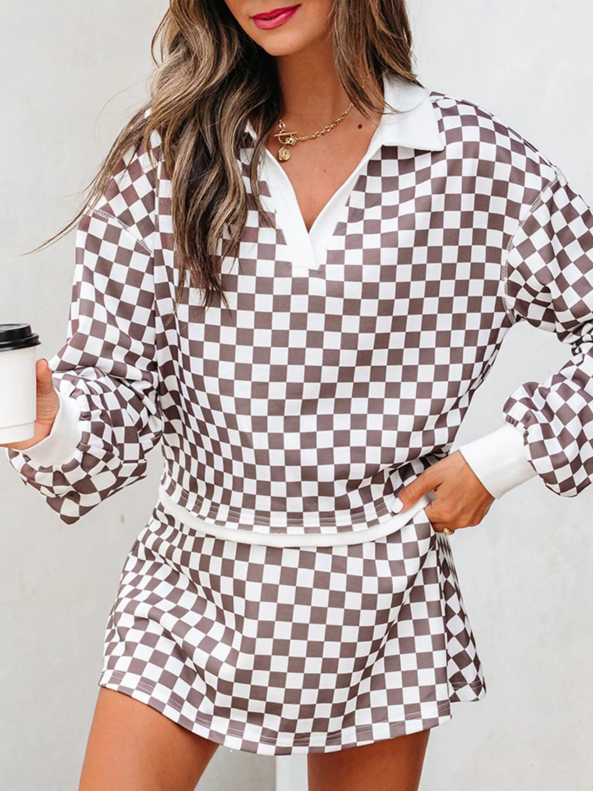 Checkered Print Polo Collar Cropped Long Sleeve Top and Drawstring Mini Skirt Set detail