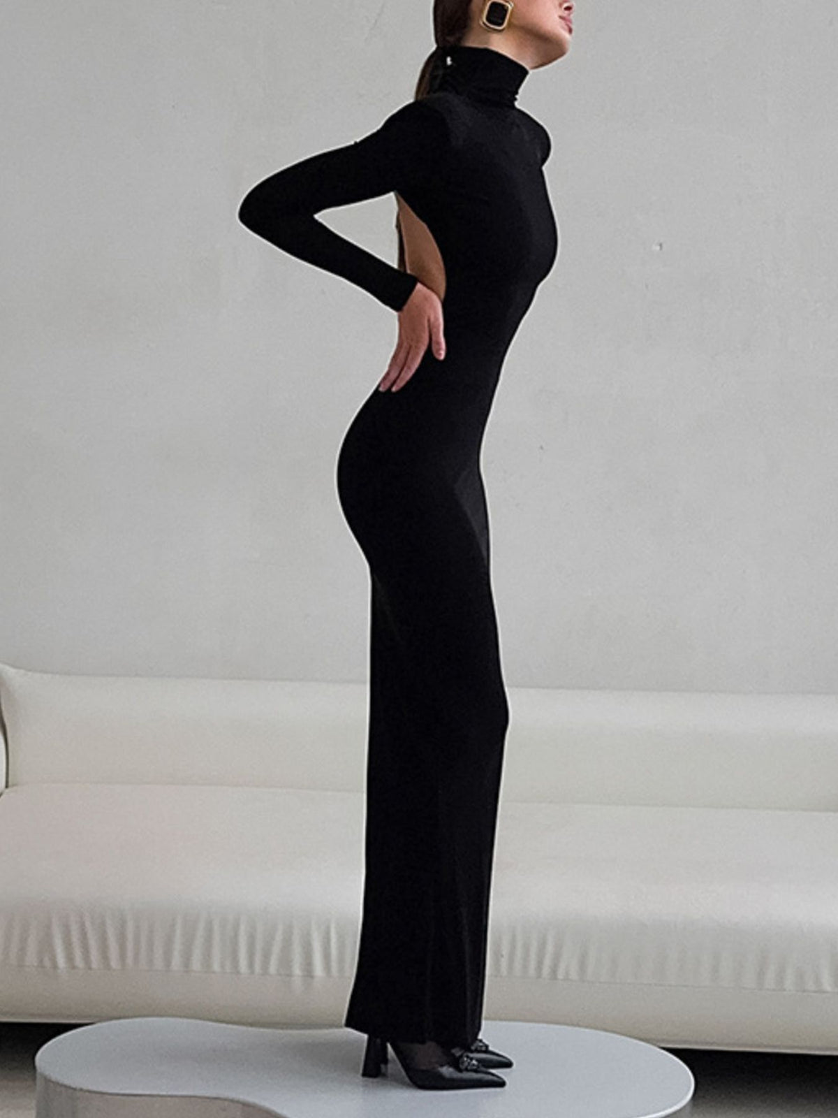 Backless Turtleneck Long Sleeve Maxi Dress full length view