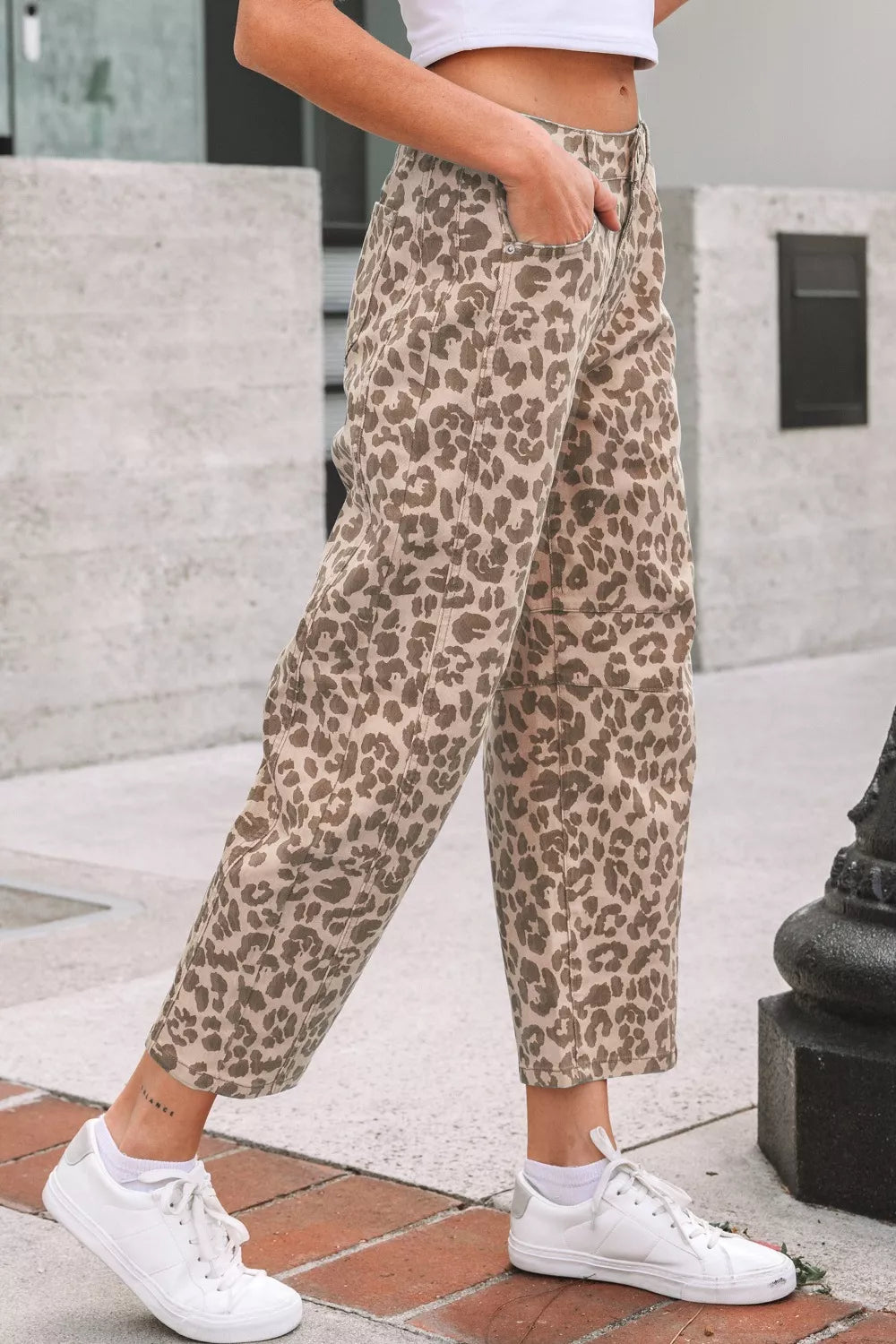 Side view of leopard cropped jeans