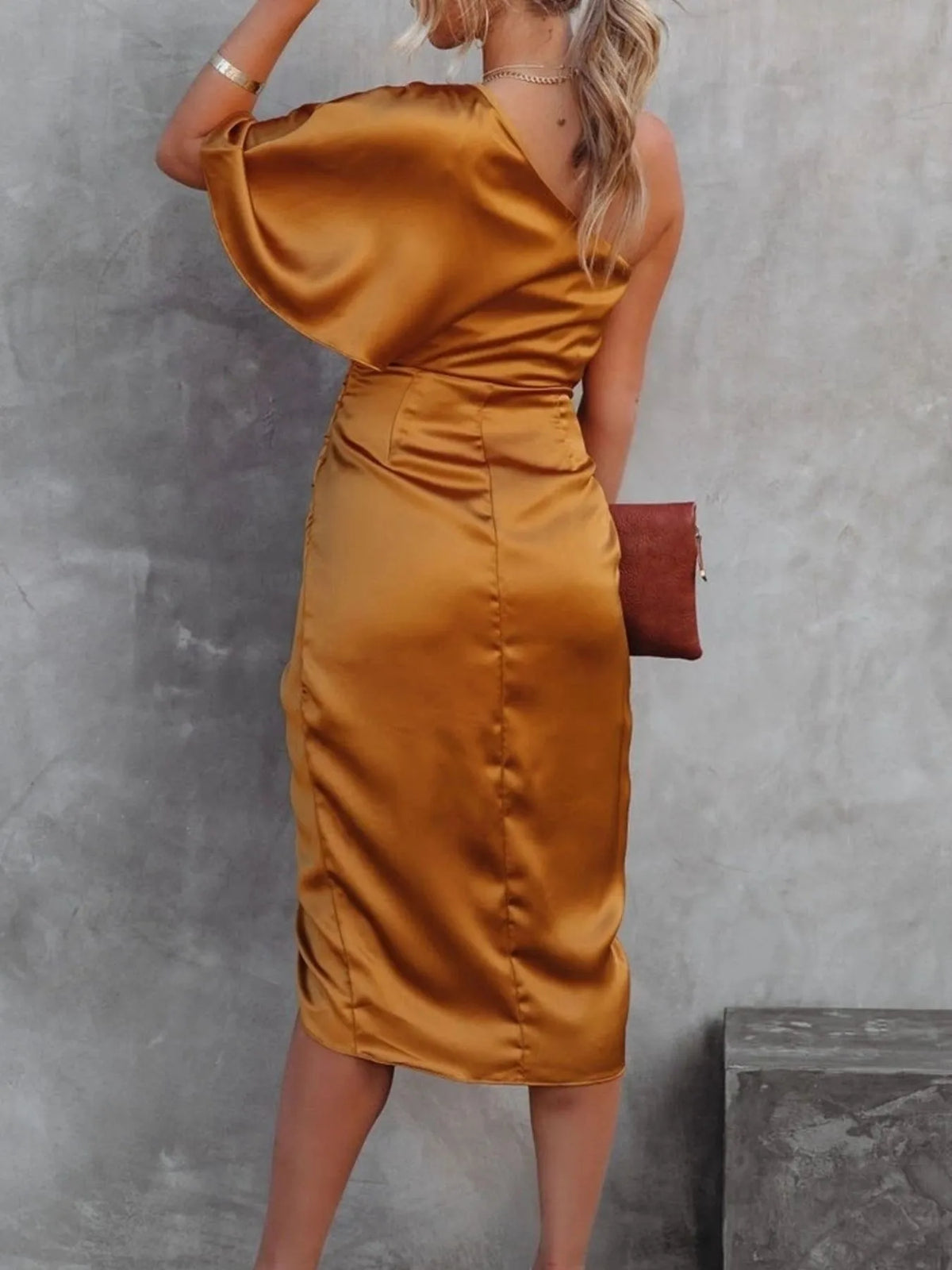 One shoulder satin wrap dress with side slit close up