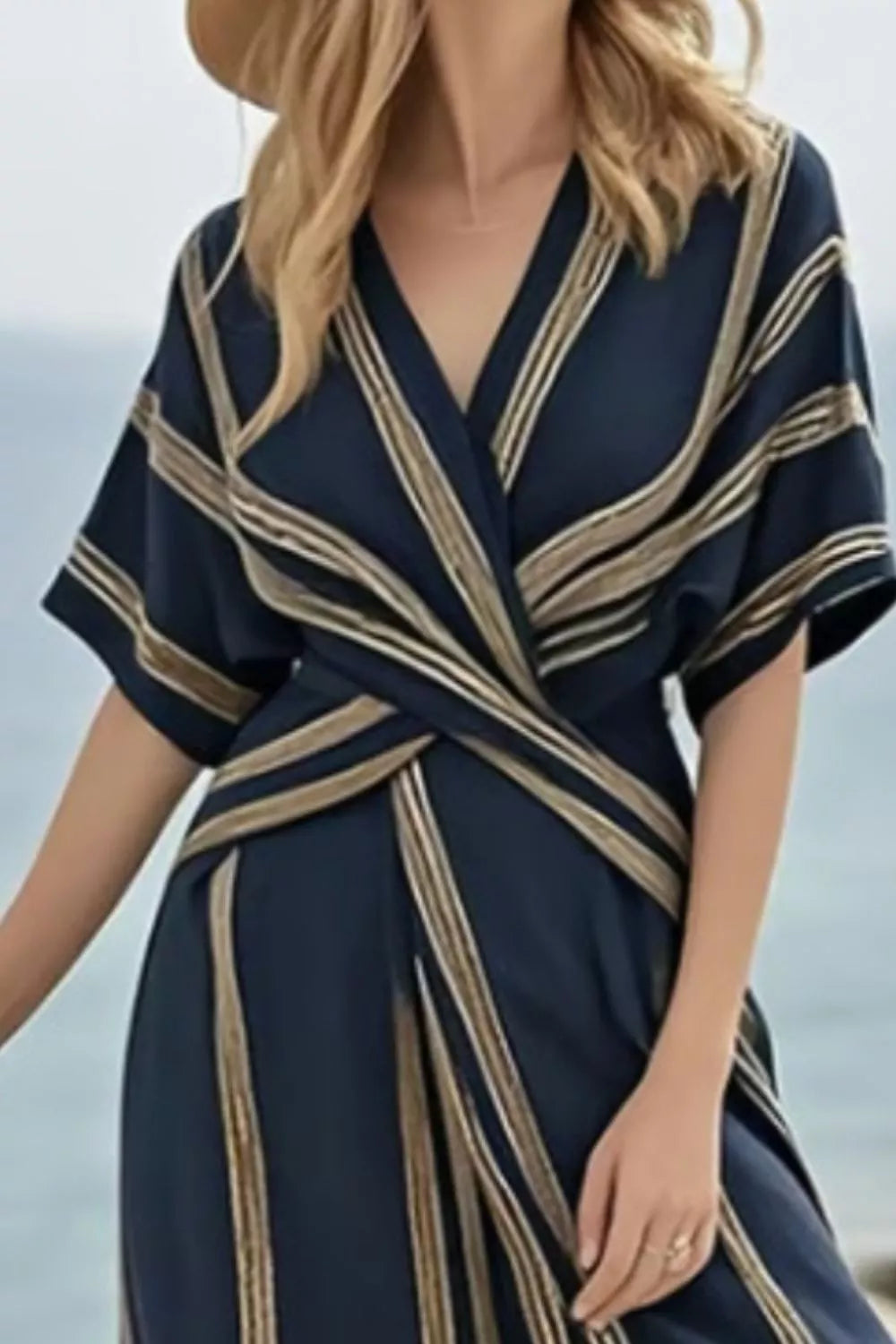 striped wrap half sleeve maxi dress fabric detail