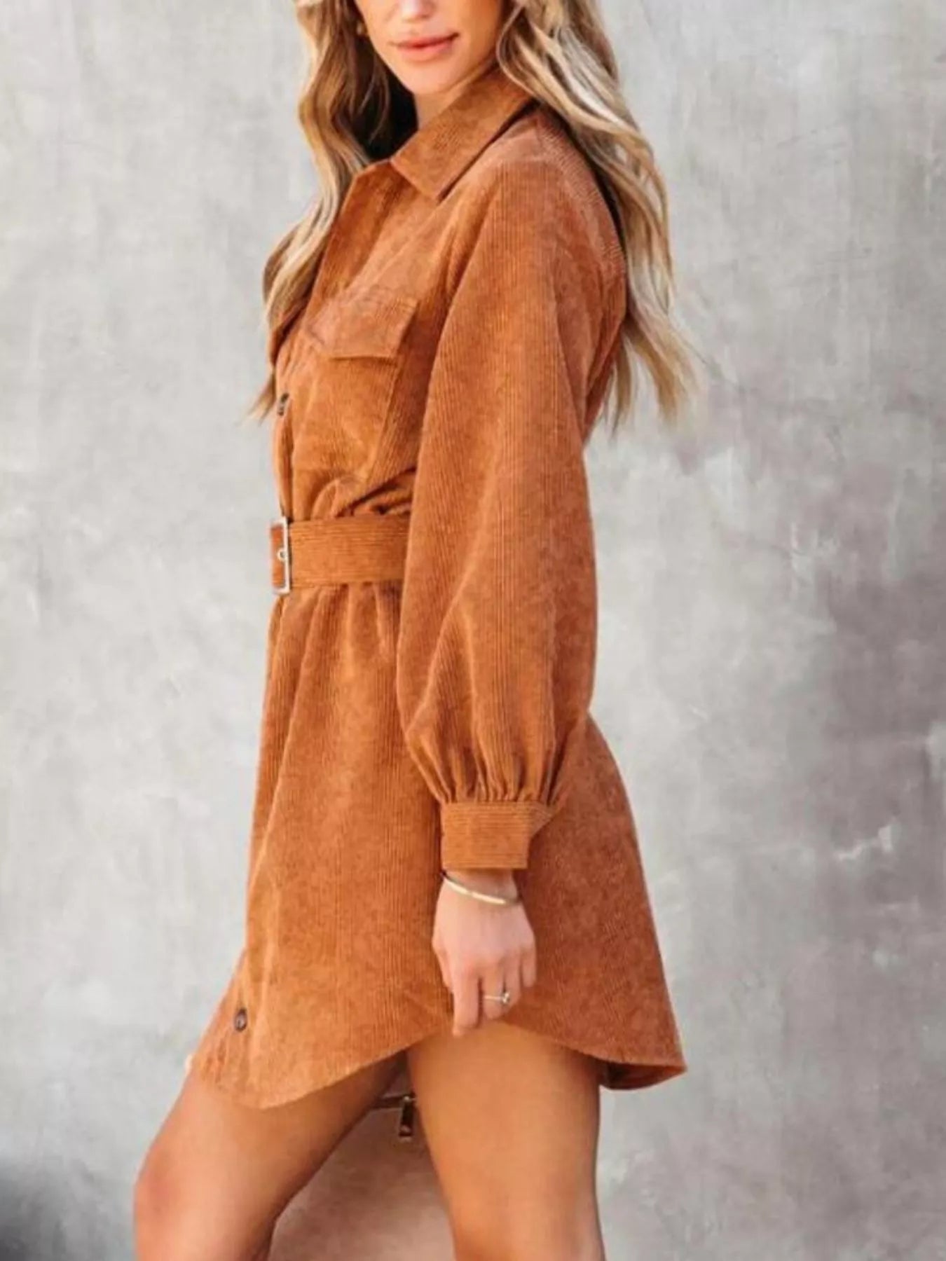 Button Front Belt Long Sleeve Corduroy Dress - Fashorio