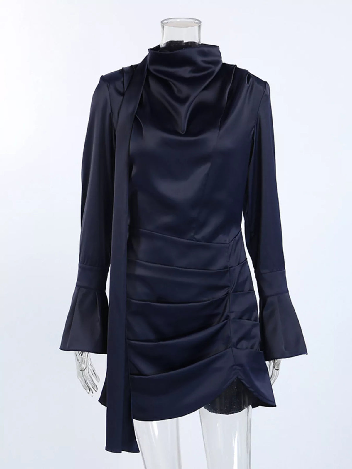 Dark Navy mock neck flounce sleeve dress detail view