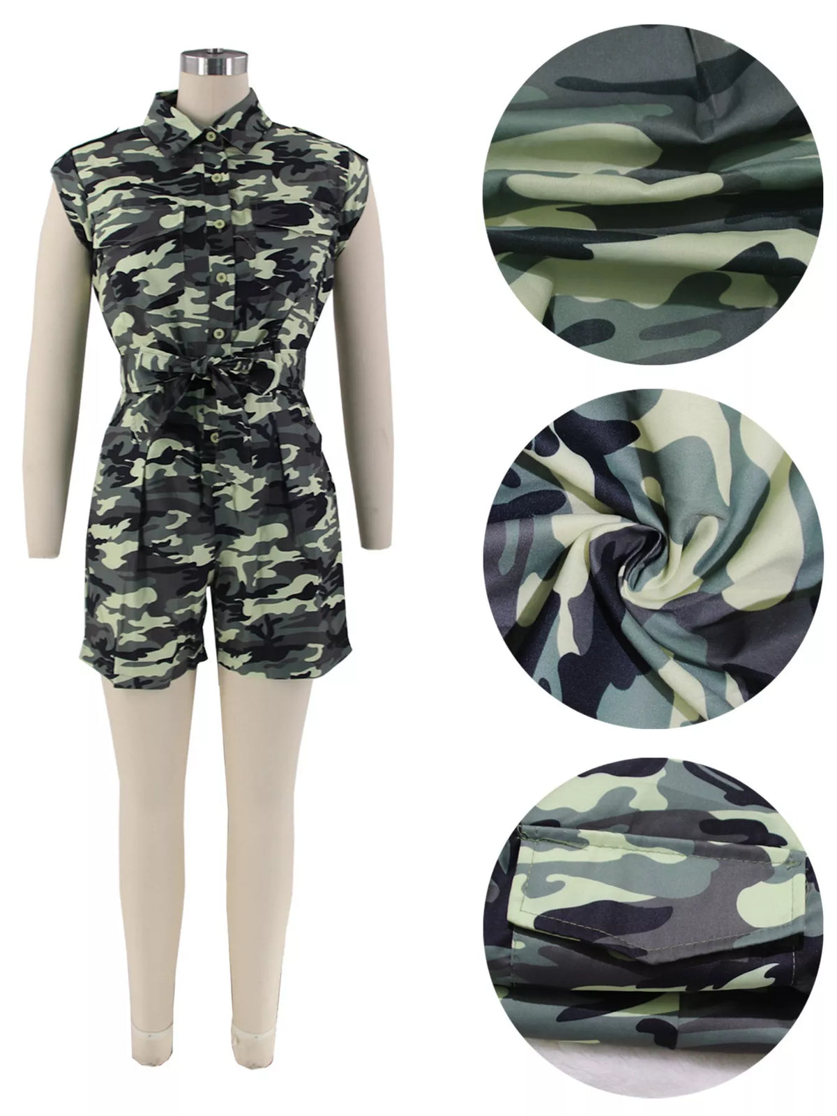Tie waist belt detail on the camouflage romper