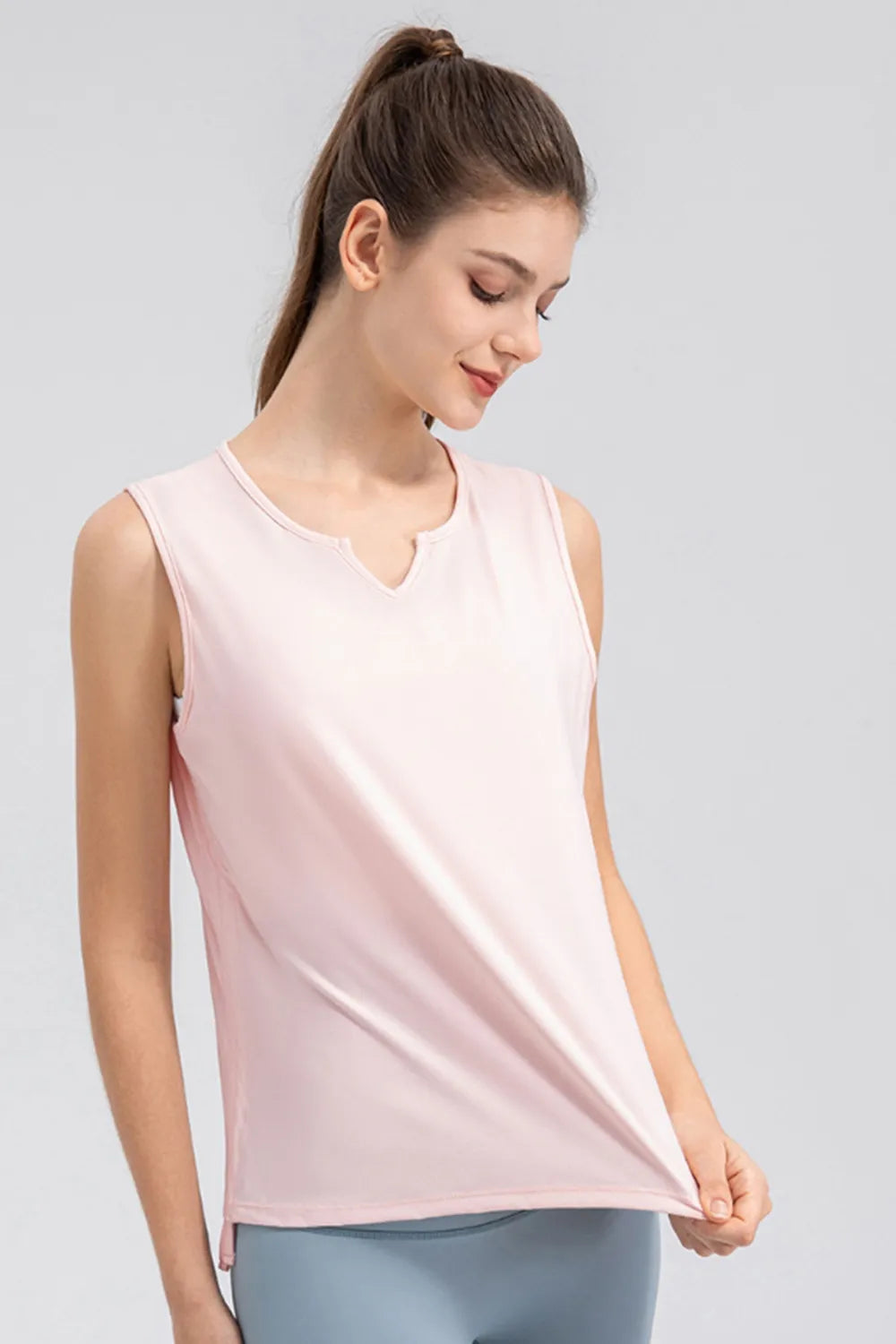 Notched neck wide strap active tank styling view