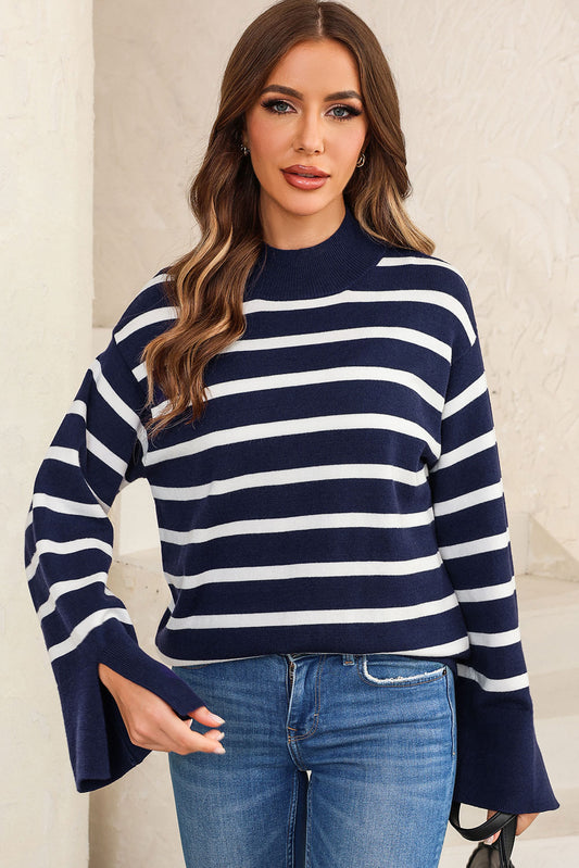 Striped Slit Drop Shoulder Sweater Navy - Fashorio
