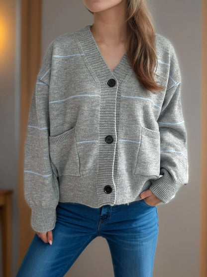 Striped Button Down V-Neck Long Sleeve Cardigan Gray One Size - Fashorio