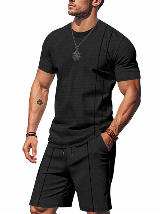Men's Full Size Round Neck Short Sleeve Top and Shorts Set Plus Size Black - Fashorio