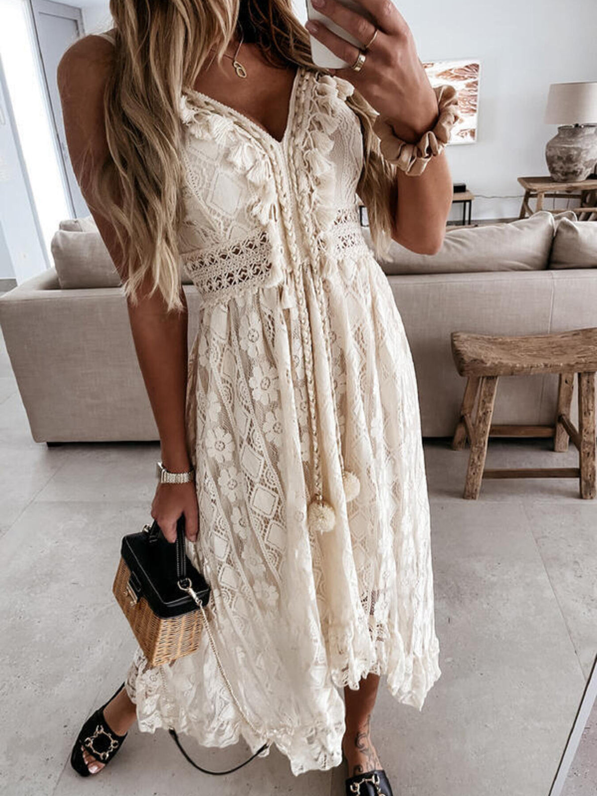 Ruffled lace v neck maxi dress side view