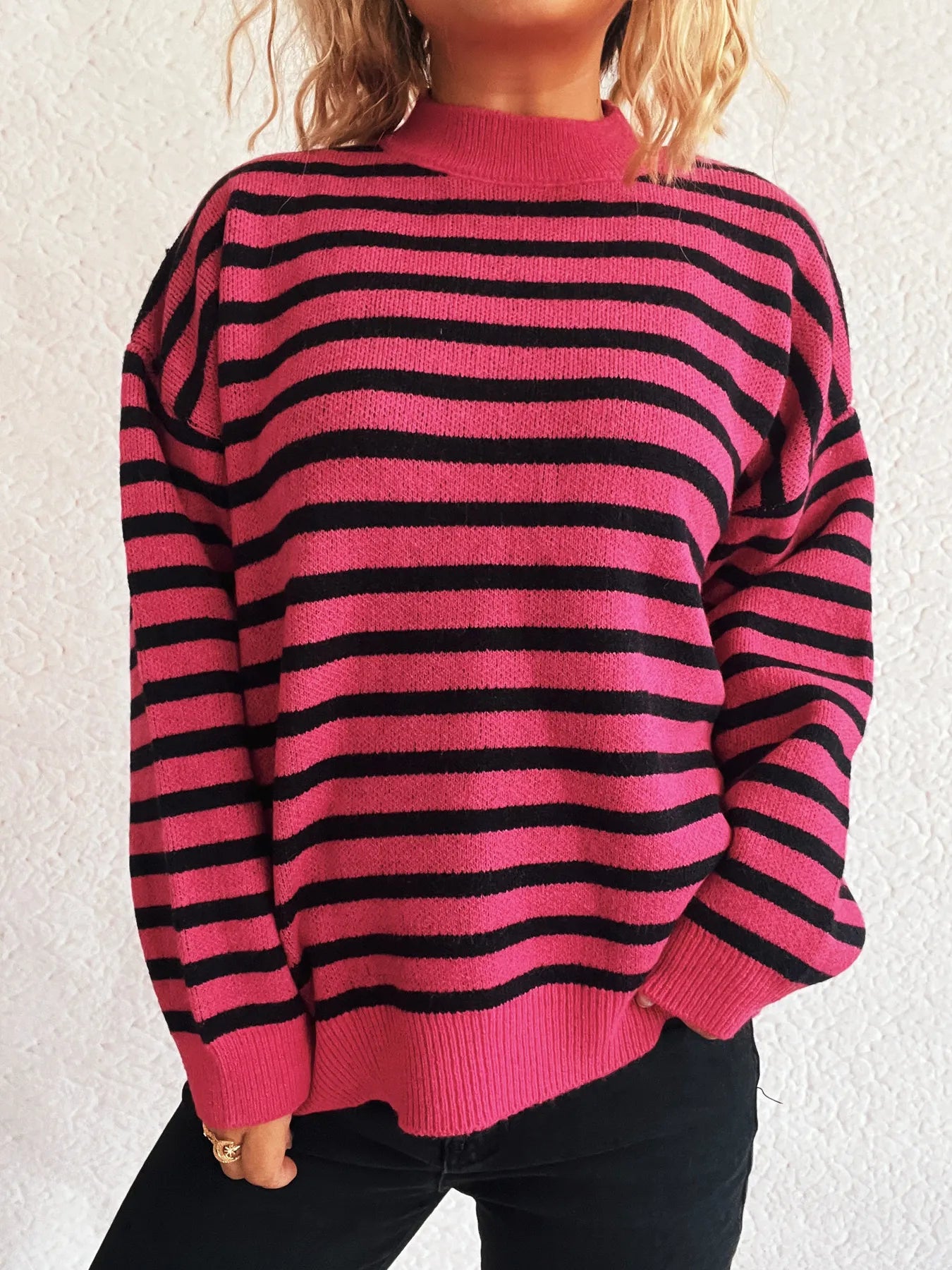 Striped Mock Neck Long Sleeve Sweater Rose Pink - Fashorio